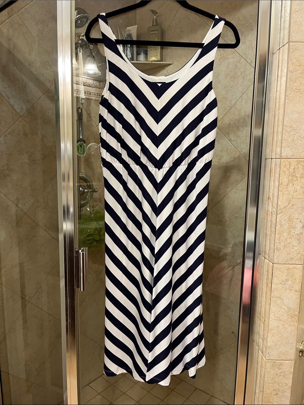 Angie Navy and White Chevron Striped Midi Dress